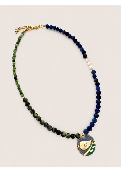El Yapımı Aaa Kalite Lapis Lazuli, Yeşim Taşı Ve Tatlı Su İncili Kolye Mavi - Yeşil