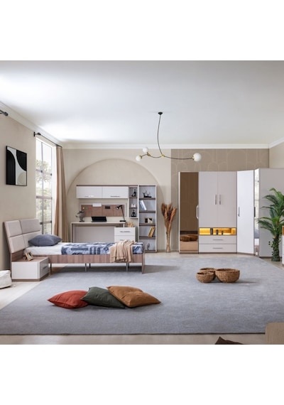 Genç Odası - 5 Kapaklı Aynalı Dolap, Karyola, Komodin, Çalışma Masası, Kitaplık Beyaz Genç Odası - 5 Kapaklı Aynalı Dolap, Karyola, Komodin, Çalışma Masası, Kitaplık Beyaz