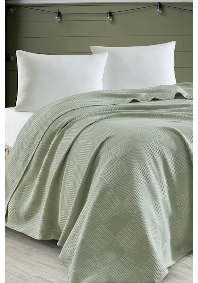 Battal Boy %100 Pamuk Pike Örtü 230x240cm Karo Desenli Çağlayeşili Weave Serisi Çağlayeşili