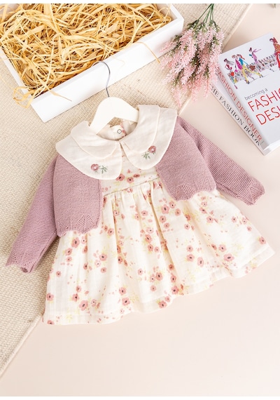 Babymod Bebe Yaka Çiçek Desenli 100% Pamuk Müslin Triko Hırkalı Kız Bebek Elbise gül kurusu