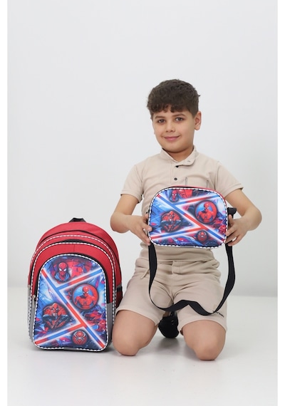 Spiderman Desenli Erkek Çocuk Okul Çantası Ve Beslenme Çantası Seti Kırmızı Gri İlkokul