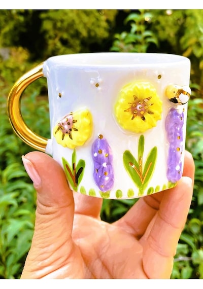 Premium Kalite 24 Ayar Altın Detaylı El Yapımı Papatya Kabartmalı Mug 200 Ml Flower Daisy