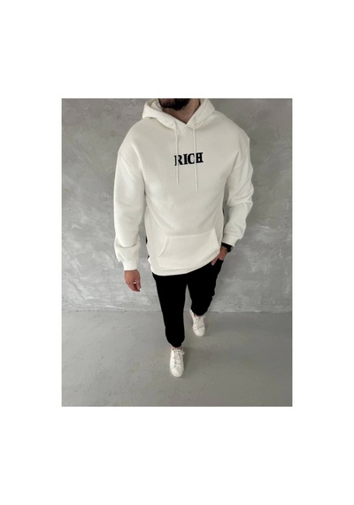 Butik İstanbul Uzun Kol Kapşonlu Göğüs Baskılı Sweatshirt - Beyaz