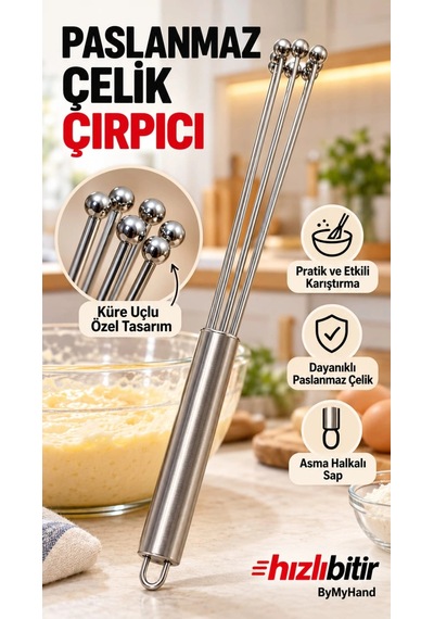 Bymyhand Paslanmaz Çelik Açılıp Kapanabilir Top Çırpıcı Küre Uçlu Yumurta Krema Çırpıcı Açık Hali 30 Çok Renkli