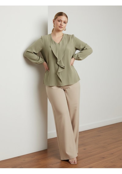 Pera Moda Büyük Beden Önü Fırfırlı Modal Bluz Gömlek Çağla