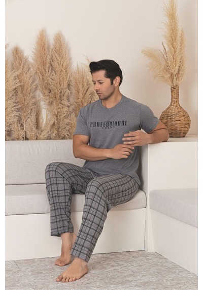 Sude Homewear Erkek Professional Wrıtıng Patterned Kısa Kol Pijama Takımı Gri