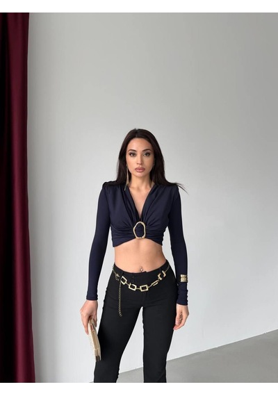Elaxi Kadın Dalgıç Kumaş Tokalı Vatkalı Crop Bluz Lacivert