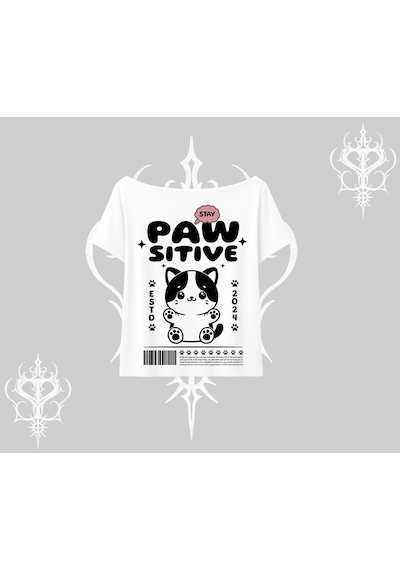 Tarzsokak Paw Sitive Kedi Arka Baskılı Kayık Yaka Tshirt Beyaz