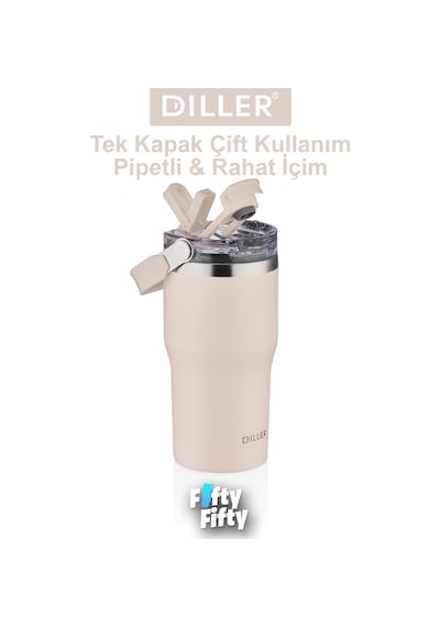 Dıller 620 Ml Tek Kapak Çift Kullanım Pipetli/pipetsiz Taşıma Kulplu Mug/çelik Termos-ffdıllerd9168 Krem