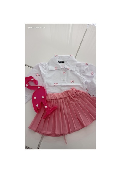 Azra Fiyonk Desenli Gömlek Etek Takım Pembe