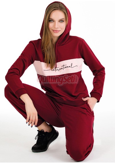 Lady Uzun Kol 22067 Kapüşonlu Ve Kanguru Cepli Bordo Renk Kadın Spor Eşofman Takımı
