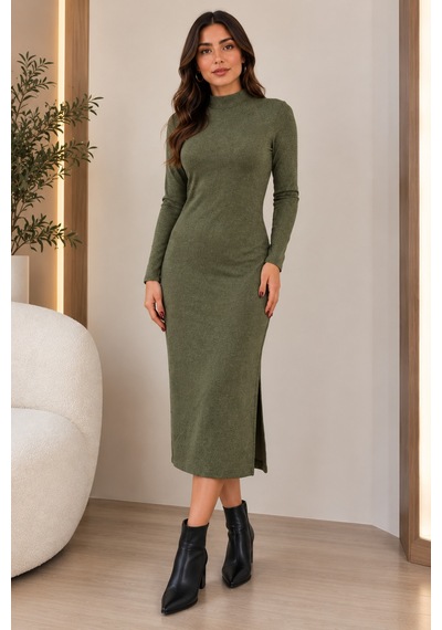 Gül&can Butik Haki Yeşili Desenli Triko Elbise Haki