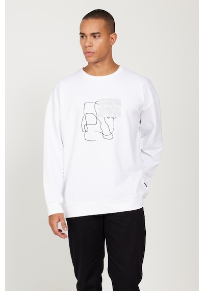 AC&Co / Altınyıldız Classics ERKEK BEYAZ Oversize Fit Geniş Kesim Bisiklet Yaka Baskılı Rahat Sweatshirt Beyaz