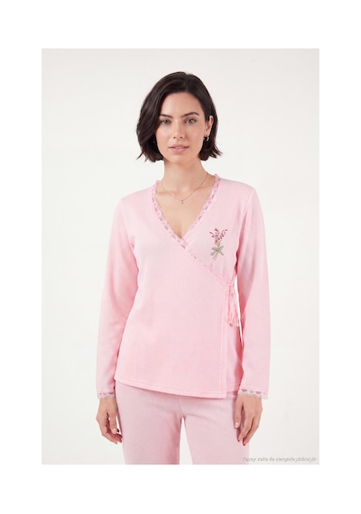 Lela Desenli Dantel Detaylı Bağlamalı Uzun Kollu Pijama Takımı Kadın Pijama Takımı 6575024 Pembe