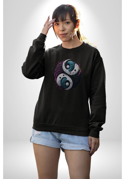 Renkli Yin İle Yang Kuramı Unisex Siyah Baskılı Sweatshirt Siyah