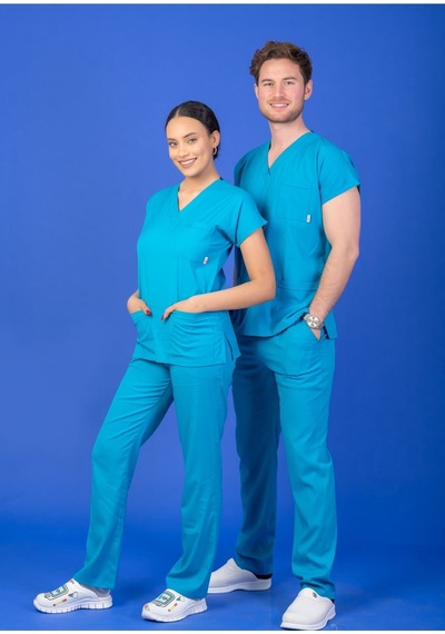 Tek Üst Unisex Kalıp Turkuaz Mavi Likralı Hemşire / Doktor Forması Scrubs Turkuaz