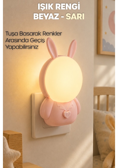 Gece Lambası Tavşan Tip 2 Mod Sarı-beyaz Işık Tuşlu Koridor Hol Işığı Uyuma Işığı Pembe K6821