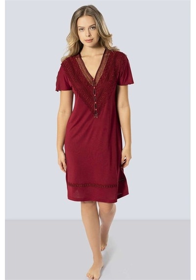 Türen 3282 Güpürlü V Yaka Gecelik - Bordo Bordo