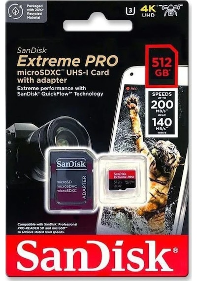 SanDisk Extrem Pro SDSQXCD-512G-GN6MA 512 GB microSDXC UHS-I A2 V30 Adaptörlü Hafıza Kartı