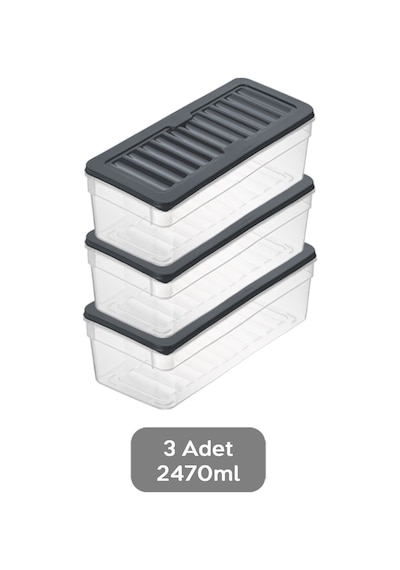 3'lü Derin Mikrodalga Uyumlu Organizer Set Düzenleyici Gıda Erzak Saklama Kabı 2470 ML Antrasit