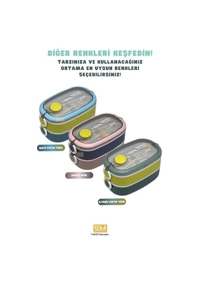 Bento 1300ml Lunchbox 2 Katlı 3 Bölmeli Paslanmaz Çelik Sefer Tası Yemek Kutusu Koyu Yeşil-fıstık Yeşili Bakır