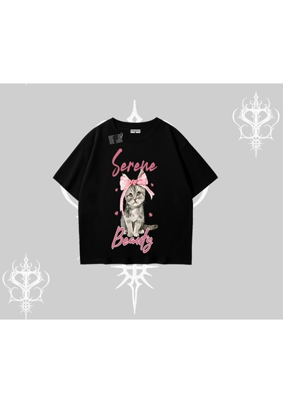 Tarzsokak Serene Beauty Kedi Baskılı Oversize Tshirt Siyah