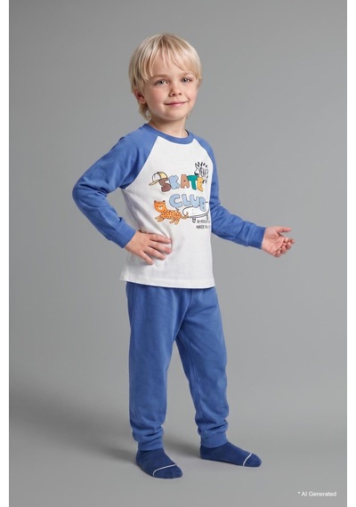 Defacto Baskılı Uzun Kollu Üst Elastik Bel Alt 2li Pijama Takımı Erkek Bebek H6538a526aube358 Mavi-be358