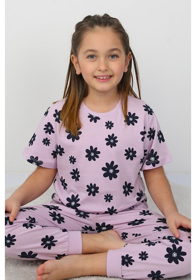 Zuzunga Mor Papatya Desenli T-shirt-şort Kız Çocuk Pijama Takımı Lila