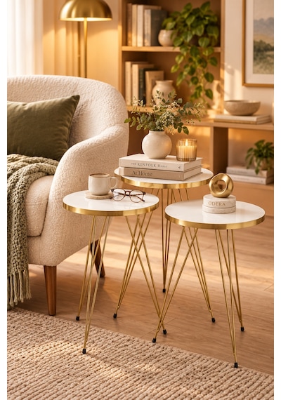 Odera Gold Beyaz Yuvarlak Zigon Sehpa 3'lü Set Gold Tel Metal Ayaklı Retro Salon Sehpası Diğer