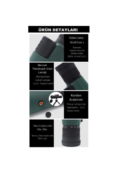 Techtic Hd Teleskop Monoküler El Dürbünü 10-30x50 Zoom Tripot Yeşil