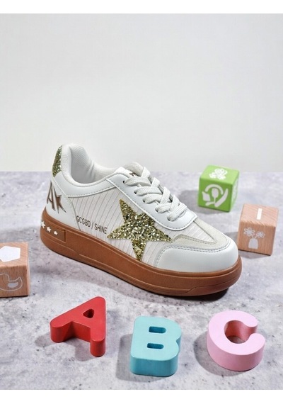 Nstil Kız Çocuk Simli Yıldız Detaylı Sneaker Bağcıklı Günlük Spor Ayakkabı 5006 - Beyaz