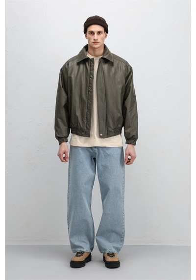 Vamos Oversize Deri Bomber Ceket Haki