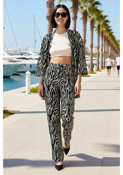 Benerly Kadın Büyük Beden Leopar Desenli Oversize Kimono Takım Geniş Paça siyah
