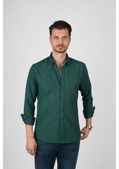Koyu Yeşil Yaka Düğmeli Premium Şamre Slimfit Erkek Gömlek Koyu Yeşil