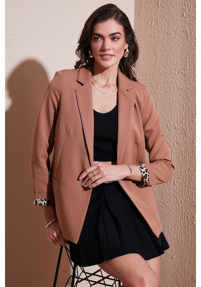 Lela Standart Fit Mono Yaka Desenli Astar Detaylı Blazer Bayan Ceket 6524003 Camel