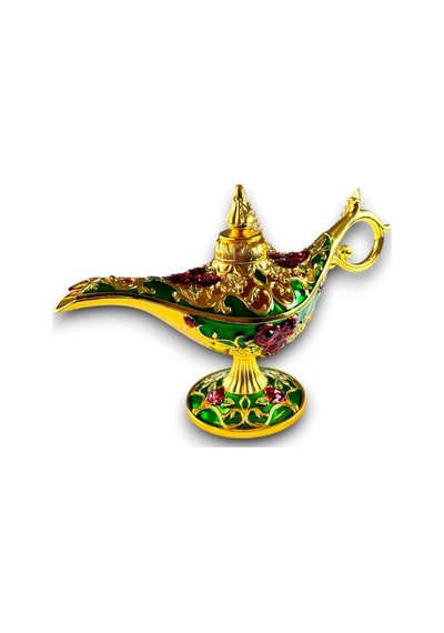 Aladdin Sihirli Lambası Mineli Renkli İşlemeli Dekoratif Biblo Alaattin Metal Çelik 23x15 CM