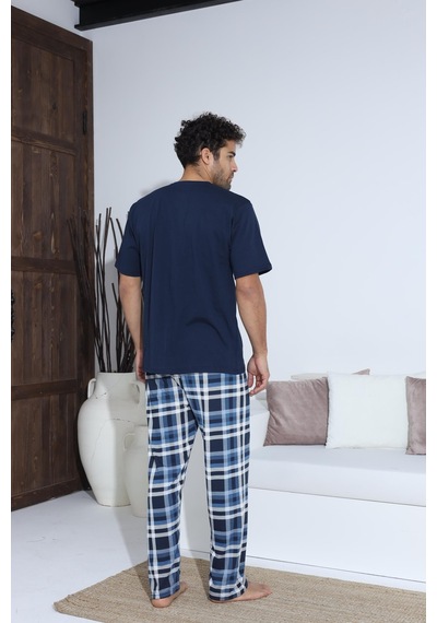 Pemilo Erkek 70042 Kısa Kol Yaka Düğmeli Pijama Takımı Lacivert Lacivert