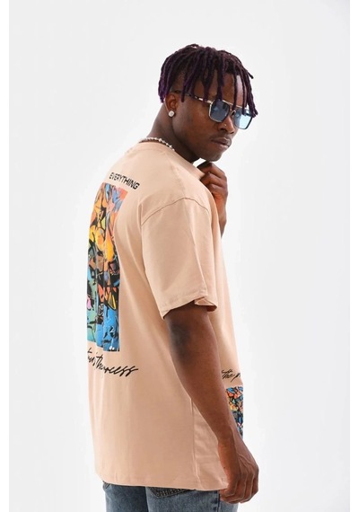 Erkek Bisiklet Yaka Baskılı Oversize T-shirt - Bej Bej