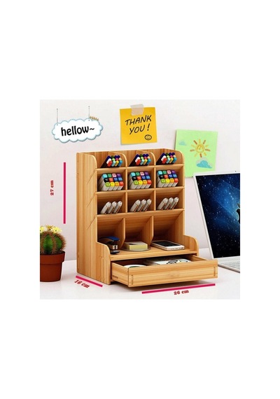 Çapraz 9 Bölmeli Çekmeceli Akçaağaç Masaüstü Kalemlik Organizer, Amz052 Genel