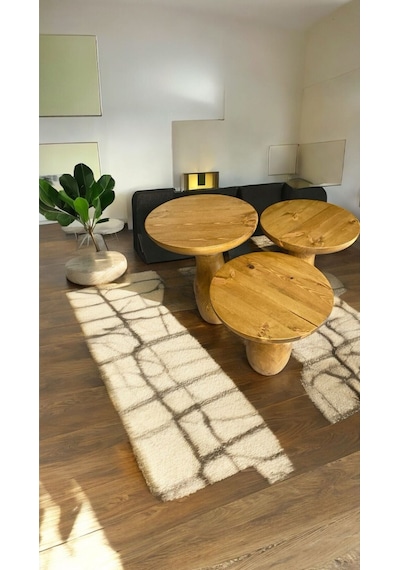 Simillo Wood Wooden Ahşap 3 Lü Set Vazo Model Mantar Yan Sehpa Modern Koyu Ceviz Renkli Fiskos Koyu Ceviz