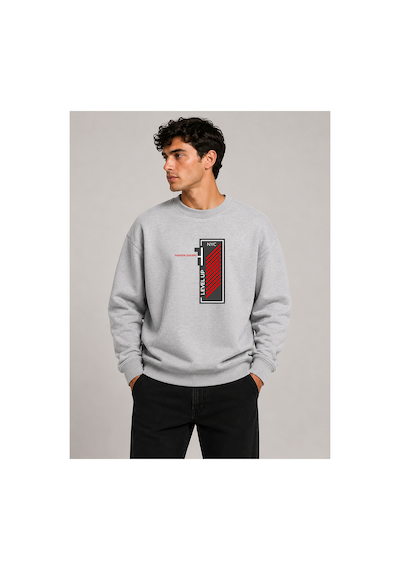 Herkesemoda Level Up Desen Baskılı Bisiklet Yaka Şardonlu 2 İplik Sweatshirt Gri