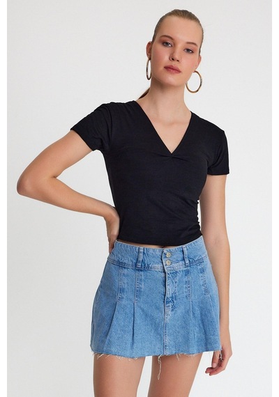 Kadın V Yaka Basic T-shirt Siyah