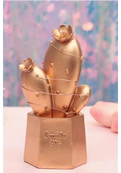 Led Işıklı Sevimli Kaktüs Dekoratif Masa Lambası Mini Biblo Gece Lambası Gold Çok Renkli