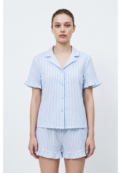 Kadın Premium Fırfırlı Mavi Pijama Takımı