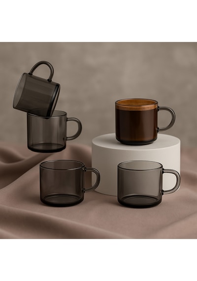Elta Collection 6 Lı Füme Cam Kupa Kahve Fincanı Isıya Dayanıklı, Minimal Tasarım, 120 Cc Gri