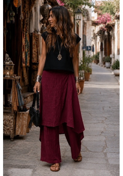 Bohem Stil İtalyan Ham Keten Pantolon Etek Bordo