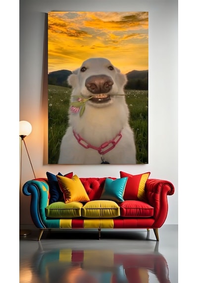 Çiçekli Şapşal Köpek Portre Ev Duvar Salon Güzellik Salonu Ofis Dükkan Dekarasyon Kanvas Tablo