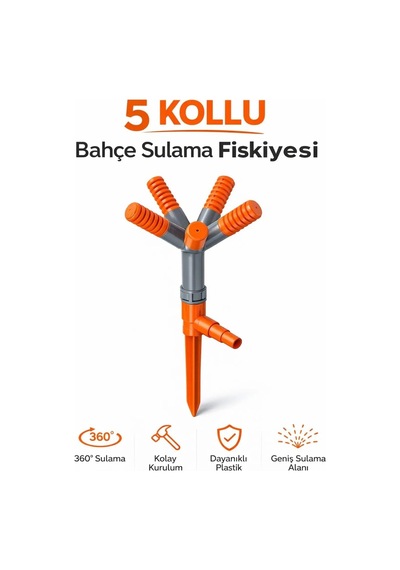 5 Kollu Bahçe Sulama Fıskiyesi, 360 Döner Sprinkler, Plastik, Otomatik Sulama Aparatı, Zemin Çivisi İle Kolay Kur