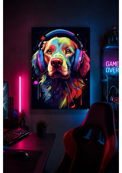 Gaming Kulaklıklı Köpek Metal Duvar Tablosu Gamer Oda Dekoru Renkli Tasarım 20x30 Cm A4 Boyutunda