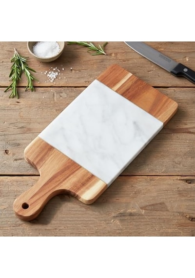 Akasya Mermer Sunumluk 33x13 Cm - Doğal Ahşap Ve Beyaz Mermer Detaylı Peynir, Şarküteri Ve Kahvaltı Sunum Tahtası